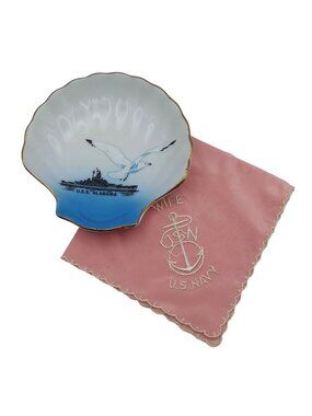 Vintage US Navy USS Alabama Trinket Dish & Pink Embroidered Handkerchief Set